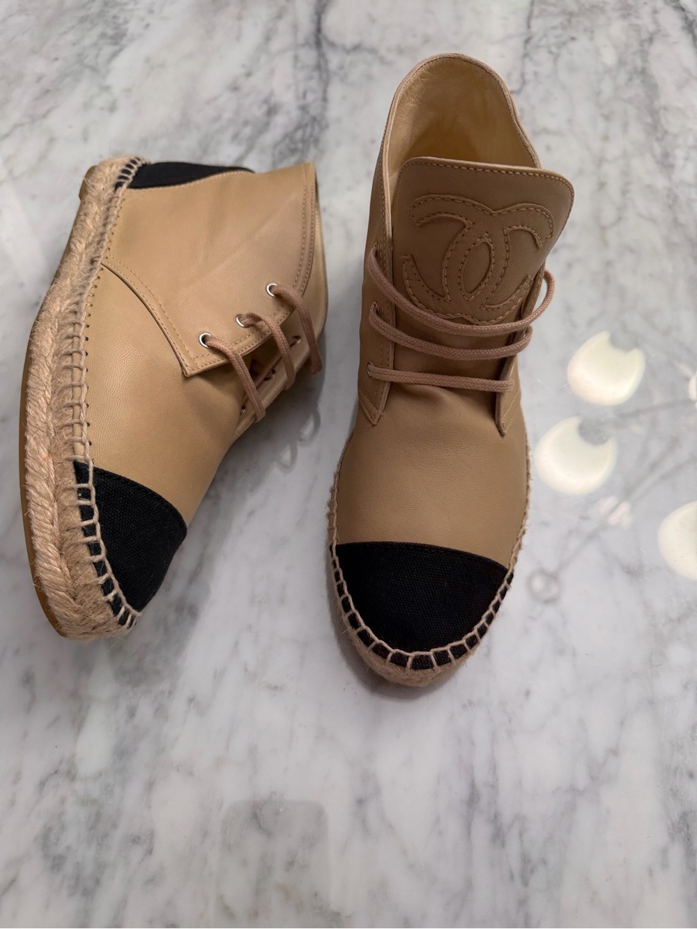 New lightweight Chanel Beige Leather Espadrille Boot with Black Cap Toe US 7,5